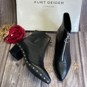 Kurt Geiger Sonny Black Leather Studded Pointed-Toe Booties 7M